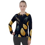 Gold Yellow Leaves Fauna Dark Background Dark Black Background Black Nature Forest Texture Wall Wall Women s Pique Long Sleeve T-Shirt