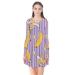 Pattern Bananas Fruit Tropical Seamless Texture Graphics Long Sleeve V-neck Flare Dress
