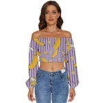 Pattern Bananas Fruit Tropical Seamless Texture Graphics Long Sleeve Crinkled Weave Crop Top