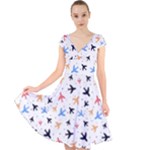 Airplane Pattern Plane Aircraft Fabric Style Simple Seamless Cap Sleeve Front Wrap Midi Dress