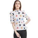 Airplane Pattern Plane Aircraft Fabric Style Simple Seamless Frill Neck Blouse