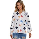 Airplane Pattern Plane Aircraft Fabric Style Simple Seamless Women s Long Sleeve Button Up Shirt