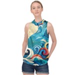 Waves Ocean Sea Abstract Whimsical Abstract Art Pattern Abstract Pattern Water Nature Moon Full Moon High Neck Satin Top
