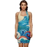 Waves Ocean Sea Abstract Whimsical Abstract Art Pattern Abstract Pattern Water Nature Moon Full Moon Sleeveless Wide Square Neckline Ruched Bodycon Dress
