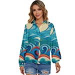 Waves Ocean Sea Abstract Whimsical Abstract Art Pattern Abstract Pattern Water Nature Moon Full Moon Women s Long Sleeve Button Up Shirt