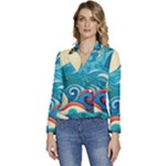 Waves Ocean Sea Abstract Whimsical Abstract Art Pattern Abstract Pattern Water Nature Moon Full Moon Women s Long Sleeve Revers Collar Cropped Jacket
