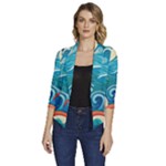 Waves Ocean Sea Abstract Whimsical Abstract Art Pattern Abstract Pattern Water Nature Moon Full Moon Women s Draped Front 3/4 Sleeve Shawl Collar Jacket