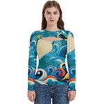 Waves Ocean Sea Abstract Whimsical Abstract Art Pattern Abstract Pattern Water Nature Moon Full Moon Women s Cut Out Long Sleeve T-Shirt