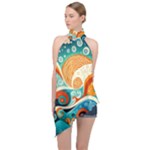 Waves Ocean Sea Abstract Whimsical Abstract Art Pattern Abstract Pattern Nature Water Seascape Halter Asymmetric Satin Top