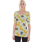 Bees Pattern Honey Bee Bug Honeycomb Honey Beehive Wide Neckline T-Shirt