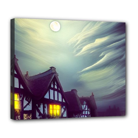 Village Moon Cloudy Historical Tudor Architecture Houses Town Night Windows City Deluxe Canvas 24  x 20  (Stretched) from UrbanLoad.com