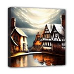 Village Reflections Snow Sky Dramatic Town House Cottages Pond Lake City Mini Canvas 8  x 8  (Stretched)