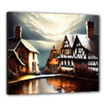 Village Reflections Snow Sky Dramatic Town House Cottages Pond Lake City Canvas 24  x 20  (Stretched)