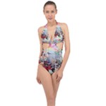 Digital Computer Technology Office Information Modern Media Web Connection Art Creatively Colorful C Halter Front Plunge Swimsuit
