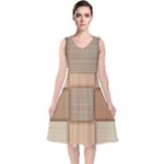 Wooden Wickerwork Texture Square Pattern V-Neck Midi Sleeveless Dress 