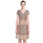 Wooden Wickerwork Texture Square Pattern Short Sleeve Front Wrap Dress