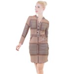 Wooden Wickerwork Texture Square Pattern Button Long Sleeve Dress