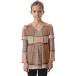Wooden Wickerwork Texture Square Pattern Kids  V Neck Casual Top
