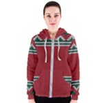 Christmas Pattern, Fabric Texture, Knitted Red Background Women s Zipper Hoodie