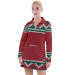 Christmas Pattern, Fabric Texture, Knitted Red Background Women s Long Sleeve Casual Dress