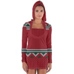Christmas Pattern, Fabric Texture, Knitted Red Background Long Sleeve Hooded T-shirt
