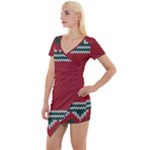 Christmas Pattern, Fabric Texture, Knitted Red Background Short Sleeve Asymmetric Mini Dress