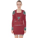Christmas Pattern, Fabric Texture, Knitted Red Background V-neck Bodycon Long Sleeve Dress