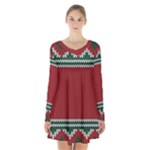 Christmas Pattern, Fabric Texture, Knitted Red Background Long Sleeve Velvet V-neck Dress