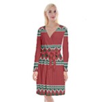 Christmas Pattern, Fabric Texture, Knitted Red Background Long Sleeve Velvet Front Wrap Dress