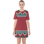 Christmas Pattern, Fabric Texture, Knitted Red Background Sixties Short Sleeve Mini Dress