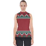 Christmas Pattern, Fabric Texture, Knitted Red Background Mock Neck Shell Top