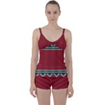 Christmas Pattern, Fabric Texture, Knitted Red Background Tie Front Two Piece Tankini