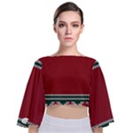 Christmas Pattern, Fabric Texture, Knitted Red Background Tie Back Butterfly Sleeve Chiffon Top