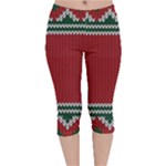 Christmas Pattern, Fabric Texture, Knitted Red Background Velvet Capri Leggings 