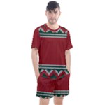 Christmas Pattern, Fabric Texture, Knitted Red Background Men s Mesh T-Shirt and Shorts Set