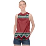 Christmas Pattern, Fabric Texture, Knitted Red Background High Neck Satin Top