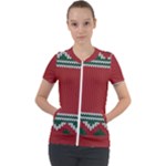 Christmas Pattern, Fabric Texture, Knitted Red Background Short Sleeve Zip Up Jacket