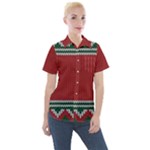 Christmas Pattern, Fabric Texture, Knitted Red Background Women s Short Sleeve Pocket Shirt