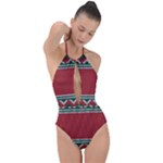 Christmas Pattern, Fabric Texture, Knitted Red Background Plunge Cut Halter Swimsuit