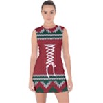 Christmas Pattern, Fabric Texture, Knitted Red Background Lace Up Front Bodycon Dress