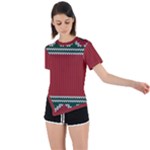 Christmas Pattern, Fabric Texture, Knitted Red Background Asymmetrical Short Sleeve Sports T-Shirt