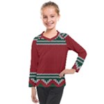 Christmas Pattern, Fabric Texture, Knitted Red Background Kids  Long Mesh T-Shirt