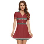 Christmas Pattern, Fabric Texture, Knitted Red Background V-Neck High Waist Chiffon Mini Dress