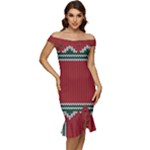 Christmas Pattern, Fabric Texture, Knitted Red Background Off Shoulder Ruffle Split Hem Bodycon Dress
