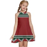 Christmas Pattern, Fabric Texture, Knitted Red Background Kids  Halter Collar Waist Tie Chiffon Dress