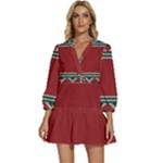 Christmas Pattern, Fabric Texture, Knitted Red Background V-Neck Placket Mini Dress