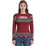 Christmas Pattern, Fabric Texture, Knitted Red Background Women s Cut Out Long Sleeve T-Shirt