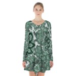 Green Ornament Texture, Green Flowers Retro Background Long Sleeve Velvet V-neck Dress