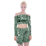 Green Ornament Texture, Green Flowers Retro Background Off Shoulder Top with Mini Skirt Set