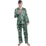 Green Ornament Texture, Green Flowers Retro Background Men s Long Sleeve Satin Pajamas Set